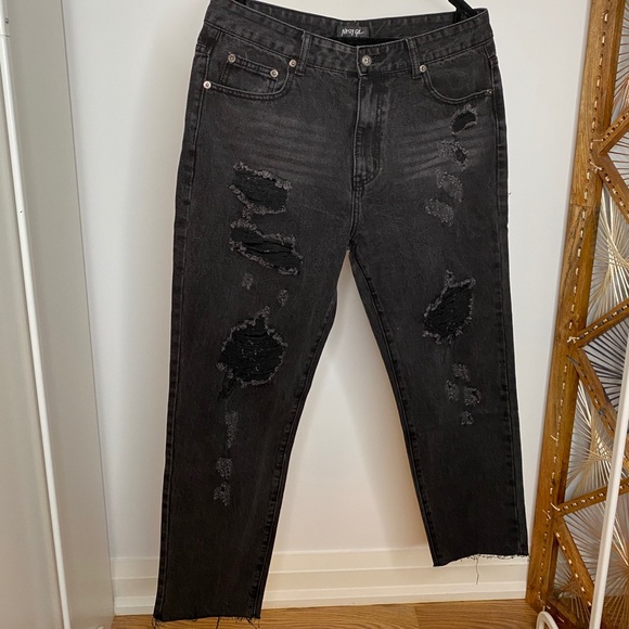 Nasty Gal Black Distress Straight Leg Jeans - Picture 2 of 6
